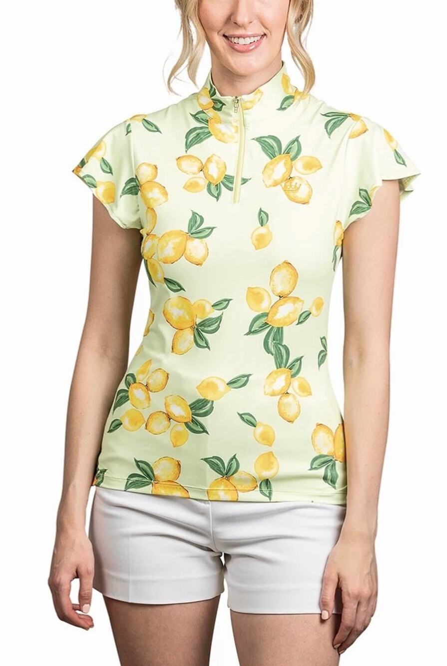 Kastel Denmark Lemon 1/4 Zip Flutter Sleeve Top Size S XL Lime Cream Sun Shirt